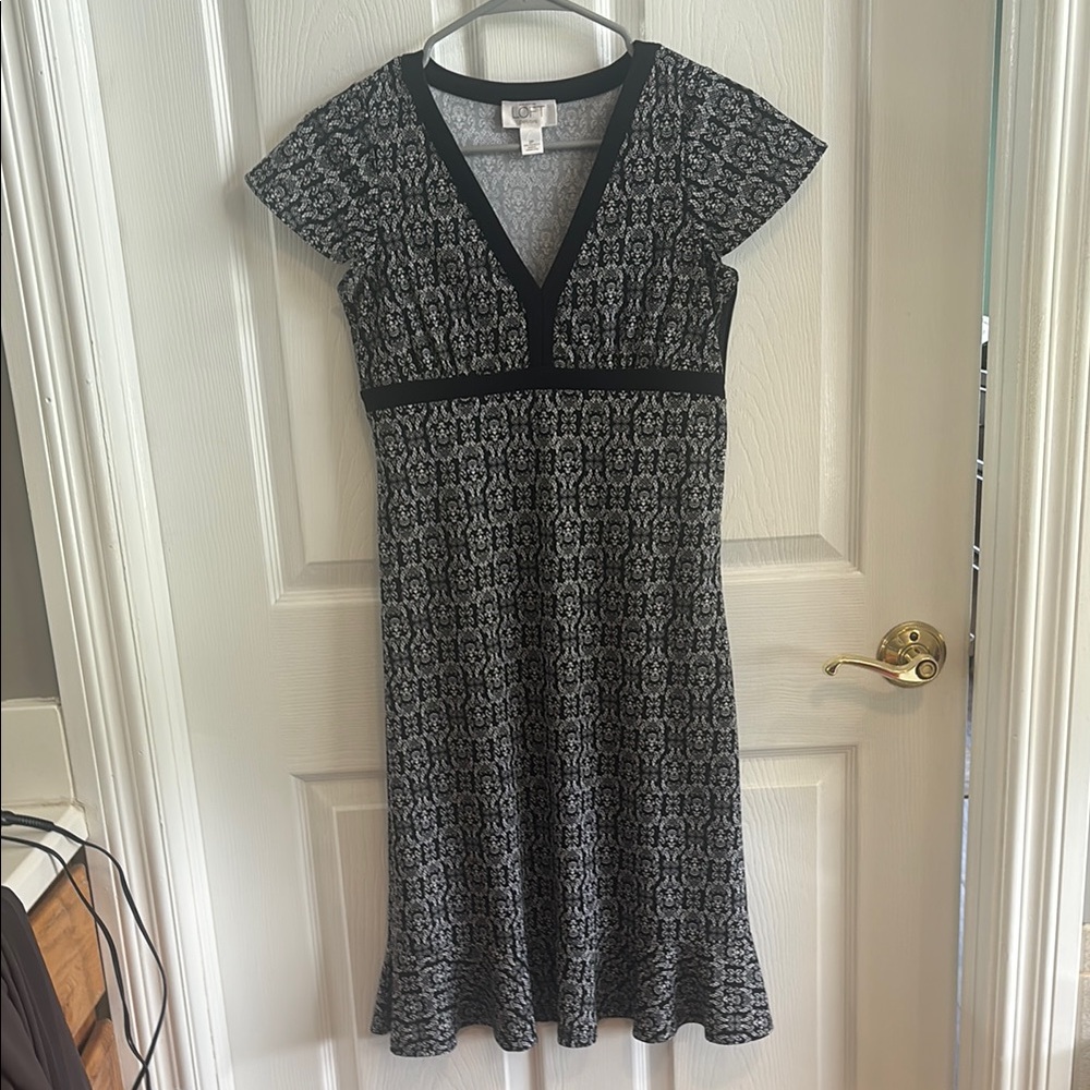 LOFT Black and White Sheath Dress with Flutter Sleeves